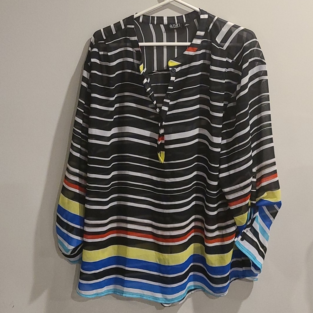 NWT A.N.A sheer black striped blouse